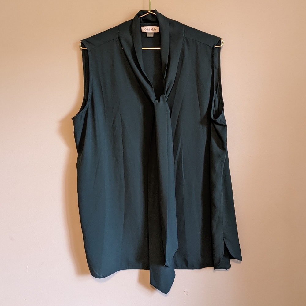 Calvin Klein Dark Teal Sleeveless Tie-Neck Blouse